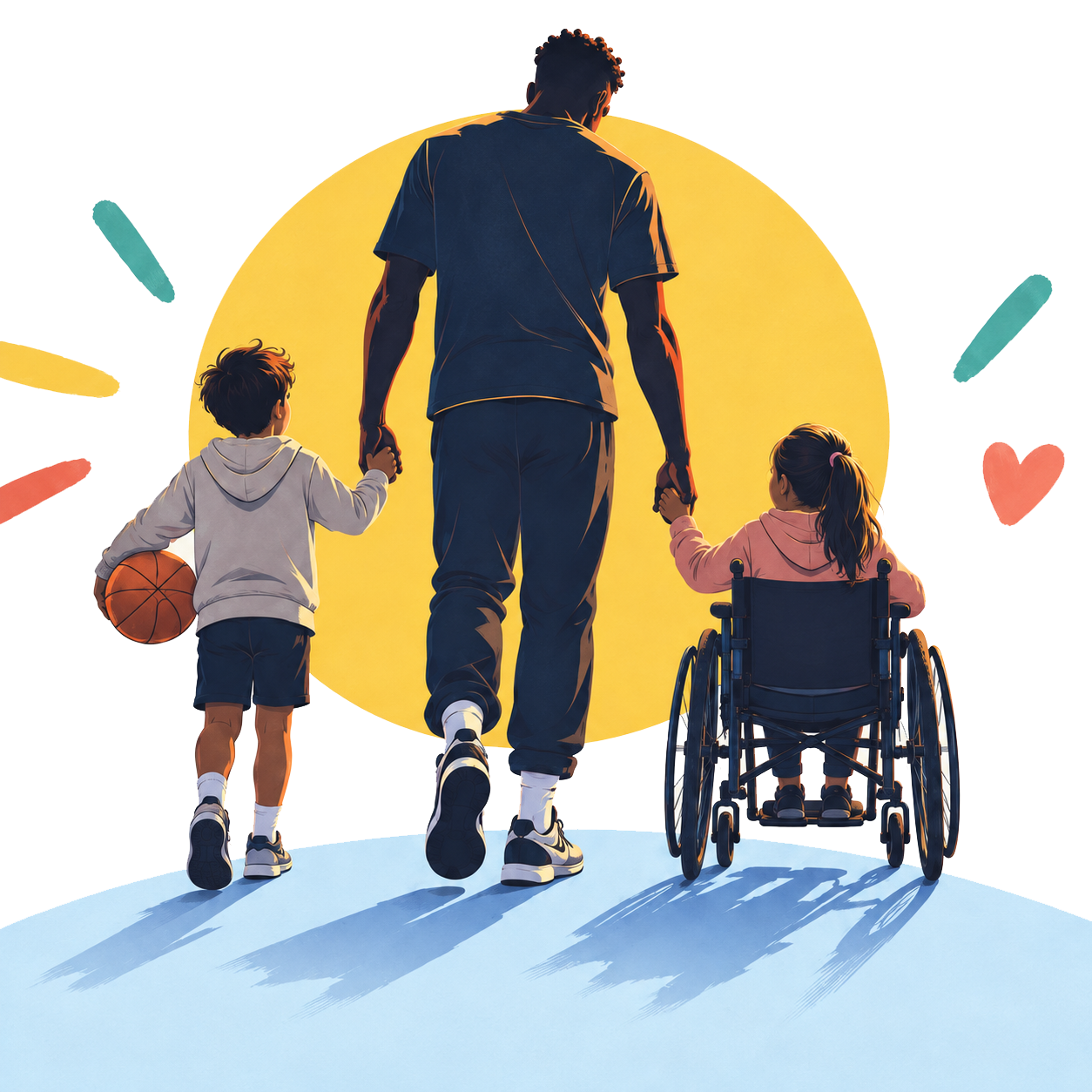 A basketball player holding hands with two children, one carrying a basketball and one using a wheelchair